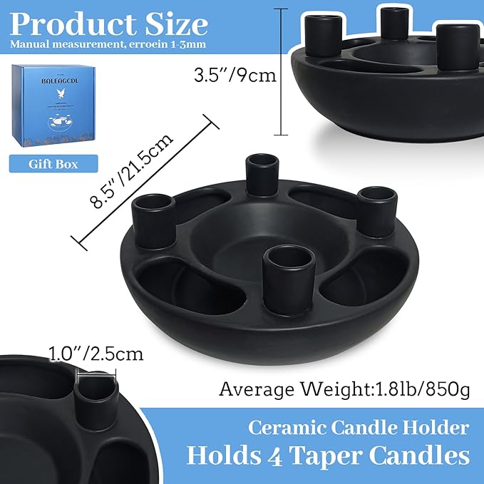 Christmas Advent Wreath Candle Holder 4 Taper Candlestick Seats Black Ceramic Candle Stand for Holiday Modern Home Party Kitchen Island Table Decor (Without Candles)
