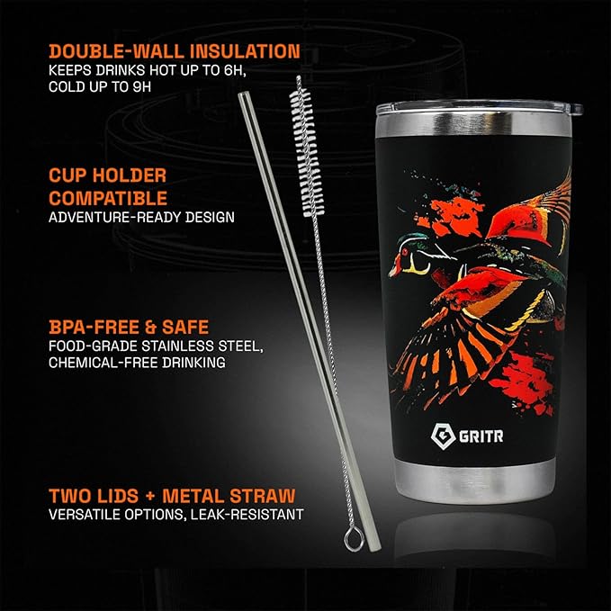 GRITR Stainless Steel Tumbler – 20oz/30oz, Insulated & Leakproof, Hot or Cold Drinks Anywhere, Travel Tumbler with Straw and Lids for Coffee, Water & Smoothies