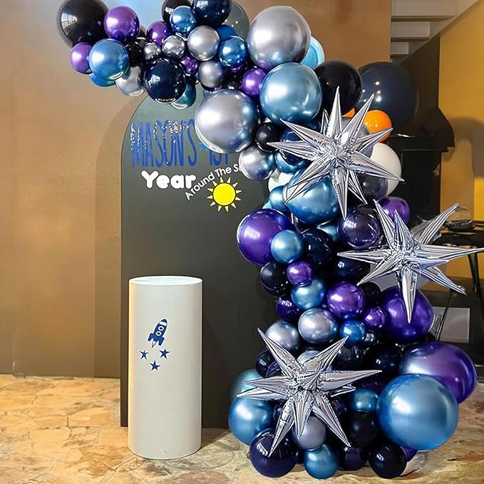 Togvu Outer Space Balloons, 12 Inches Galaxy Blue Purple Balloons with Metallic Black Silver Balloons, Outer Space Party Decorations for Kids Boys Astronaut Space Birthday Party Decoration
