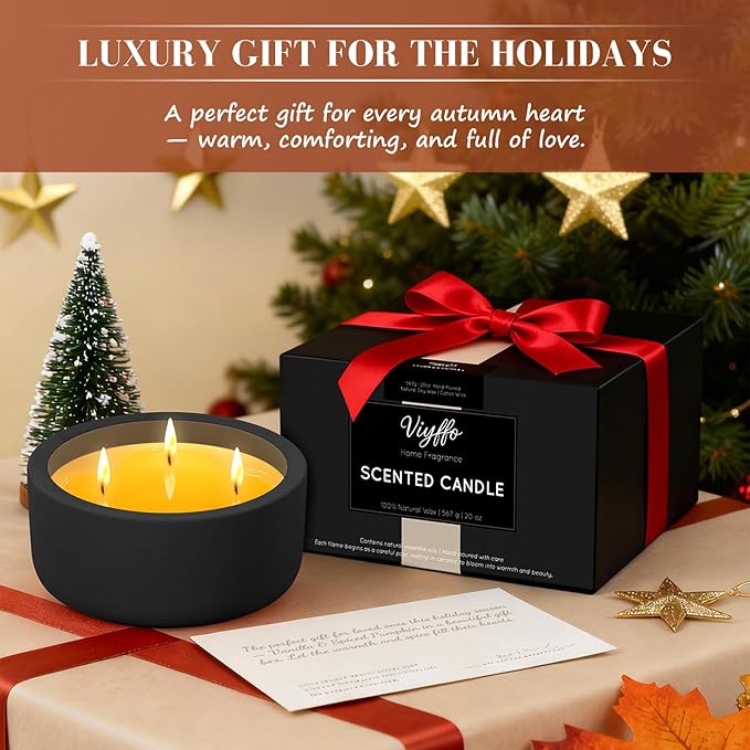 Viyffo Christmas Candles – Eucalyptus & Rosemary, 3 Wick 20oz Large Soy Scented Candle for Women & Men, Non Toxic Aromatherapy Ceramic Velas, Luxury Matte Black Ceramic Gift for Holiday & Home Decor