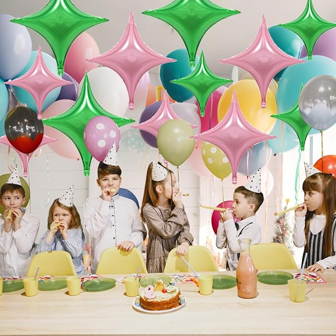 Pink Green Balloons,12Pcs Four Angle Star Foil Balloons,26Inch and 10Inch Pink Green Quadrangle Star Helium Polyester Film Balloon for Witch Birthday Anniversary Party Decorations