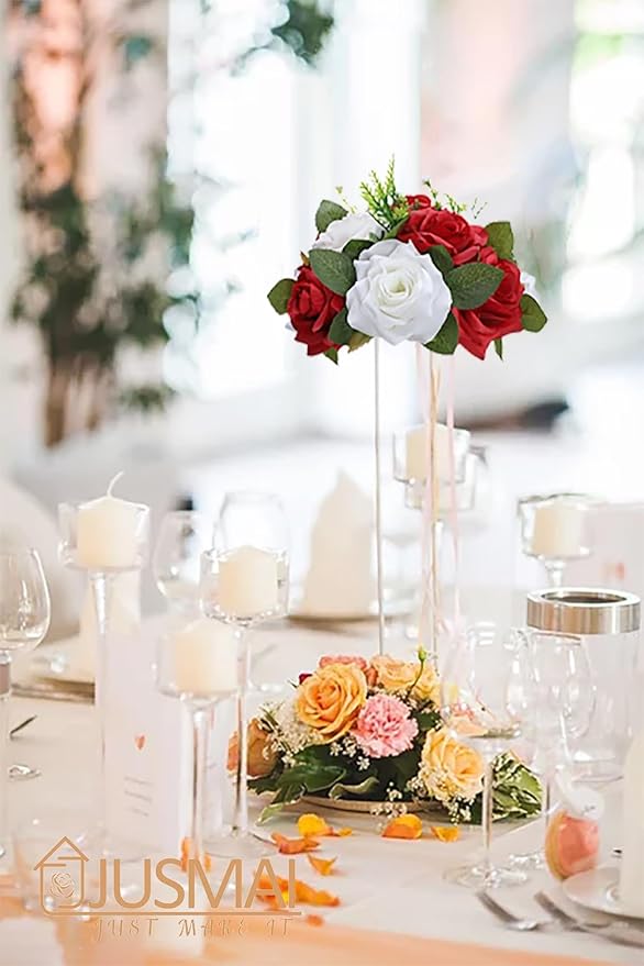 Artificial Flowers Ball 4 Pcs Red White Flowers Wedding Table Centerpiece Table Decorations Flower Arrangement for Table Flowers centerpieces Wedding Flowers Wedding centerpieces