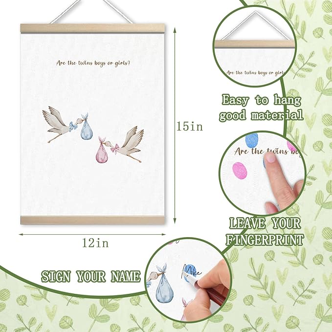 Boho Stork Twins Baby Shower, Modern Twins Two Babies Pink and Blue Shower, Gender Reveal Fingerprint Tree Canvas Guest Books,Thumbprint Hanging Paintings(12x15in)