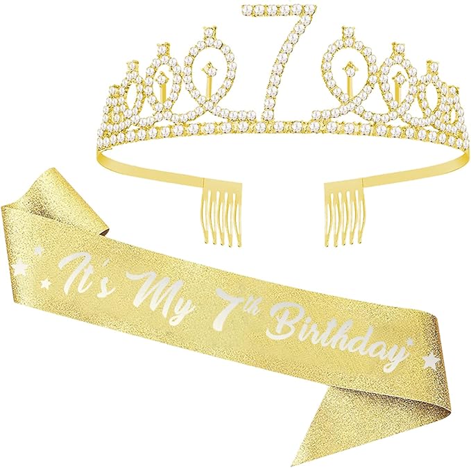 7th Birthday Party Set - Glitter Sash, Tiara Crown, and Decorations for Girls, Gold