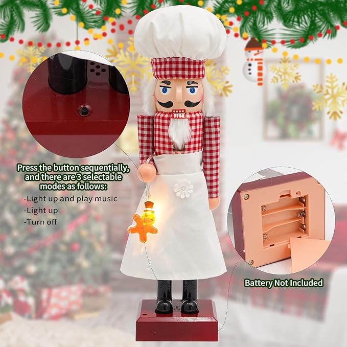 16" Lighted Chef Nutcracker with Music, Festive Christmas Decoration, Nutcracker Collectible Christmas Decor for Tabletop, Shelves, and Fireplace Mantel (Chef)