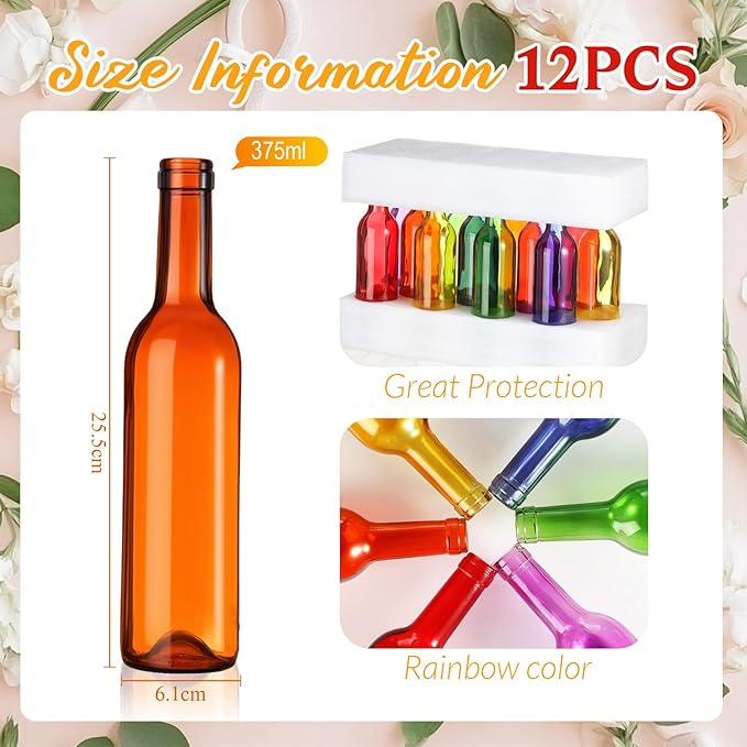 Rtteri 12 Pcs Decorative Colored Wine Bottles 375ml Empty Glass Bottles for Flowers Wedding Decor Centerpiece Christmas Party Favor DIY Crafts (Multicolor)