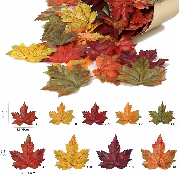 Hollyone 500PCS Artificial Maple Leaves, Multicolored Fake Fall Silk Maple Leaves Decorations for Autumn Fall Wedding Thanksgiving Party Home Table Wreath Decor