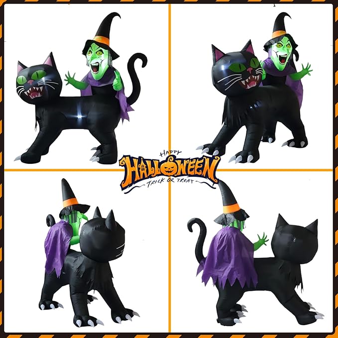 LANGXUN 8ft Witch Riding Black Cat 2025 Halloween Inflatable Decoration - Giant Blow-Up Yard Decor with LED Lights for Outdoor Lawn, Garden, Patio Cute Skeleton Ghost Hoilday Yard Party Decor