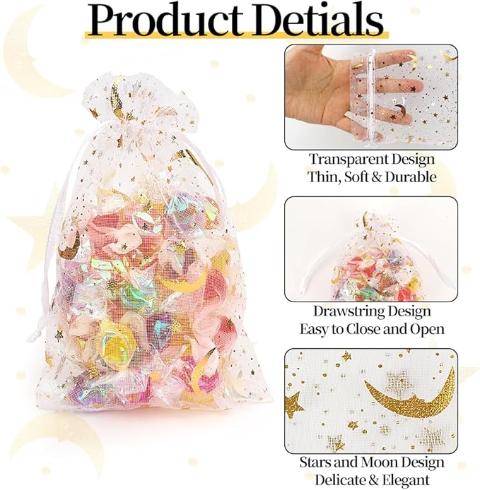 Moon Star Organza Bags 4x6 Small Mesh Bag Drawstring 50 Pcs Mesh Gift Bags Drawstring Pouch Wedding Favor Bags Jewelry Pouches Bulk Gift Pouch for Candy Soaps Birthday Festival Party Supplies, White