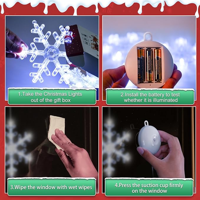 5Pack Christmas Window Lights Decorations with Timer,Battery Powered Christmas Hanging White Lighted Snowflake Tree Star Deer Bells Shaped LED Sucker for Xmas Fireplace Window Indoor Decor