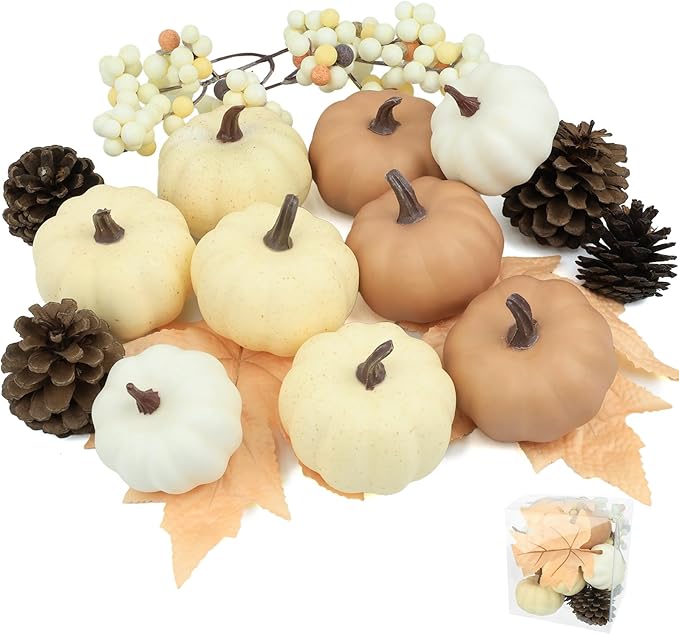 Artgar Foam Pumpkin Decor - 16 PCS Artificial Pumpkin Set - Fall Decor with Mini Pumpkins, Pinecones Maple Leaves Berries for Halloween Thanksgiving Fall Decor, DIY Crafts Tabletop Tray Decorations