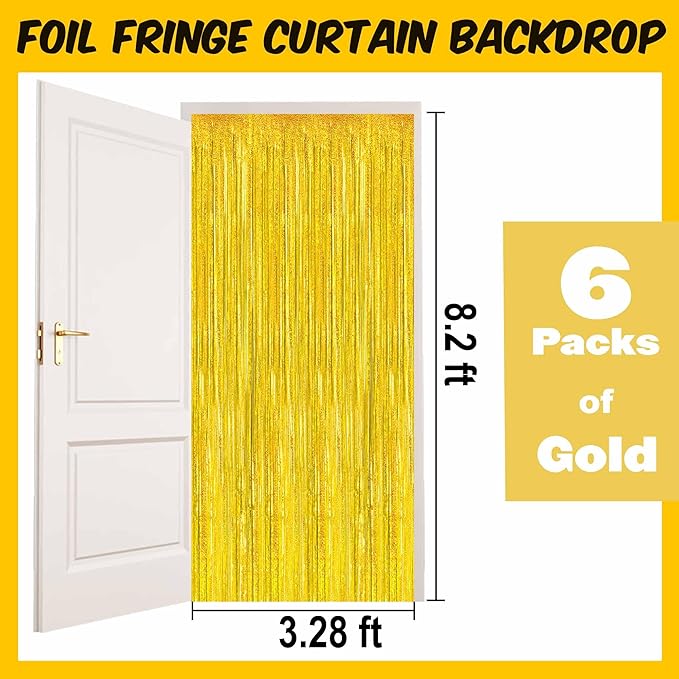 6 Pack Gold Foil Fringe Curtains Backdrop, 3.28 x 8.2 Ft Metallic Streamers Tinsel Curtains Background for Photo Booth, Birthday, Christmas, Halloween, Thanksgiving, New Year Party Decorations