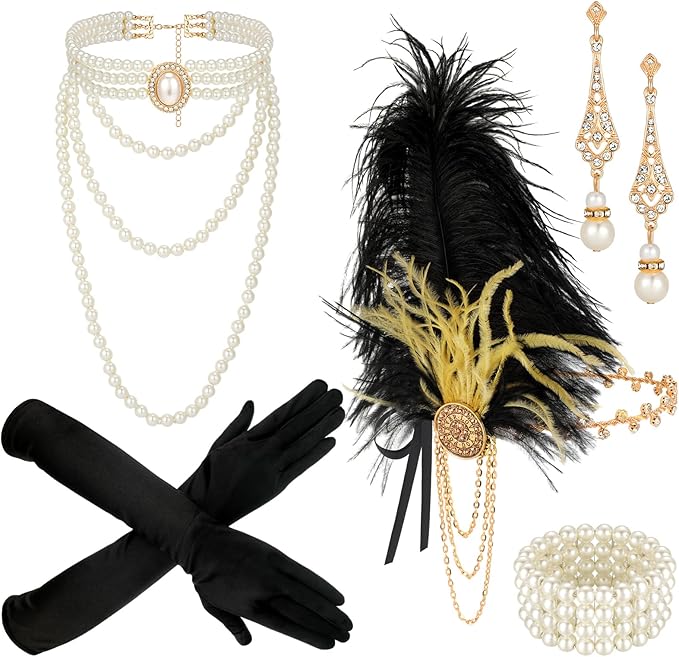 Maitys 1920s Accessories Set for Women Flapper Costume Feather Headband Necklace Bracelet Earrings