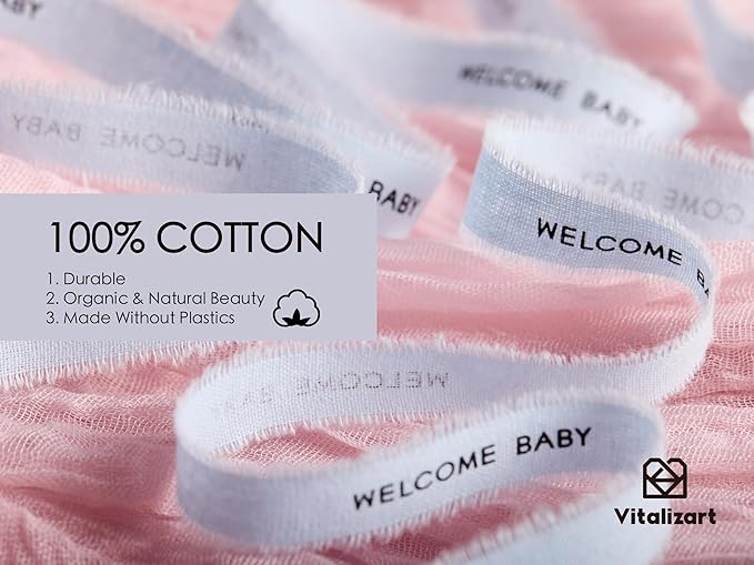 Vitalizart Welcome Baby Cotton Ribbon 5/8 Inch Natural Handmade Frayed Fringe Ribbons 15 Yd for Baby Shower Crafts Decor Gift Wrapping