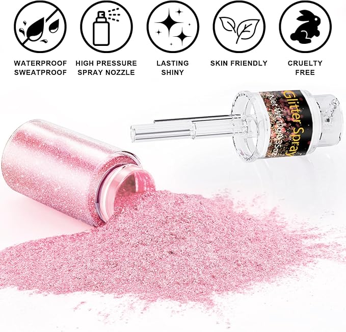 Rose Pink Hair and Body Glitter Spray 10g, Ultra Fine Shimmer Mist for Prom, Wedding, Date Night, Face Body Makeup Glow, Festival Sparkle Powder, Craft Nail Art Decoration