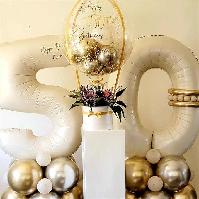 Beige Number 5 Balloon for Girls Boys, 40 Inch Large Cream Number 0-9 Foil Mylar Helium Digital Balloons Set for Women Men Birthday Graduation Anniversary Party Decorations Celebration Supplies