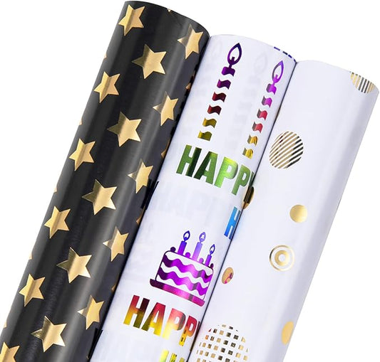 Linnoptimix Birthday Wrapping Paper Rolls -3 LARGE ROLL-27inch*78 inch per roll Colorful Foil White Black wrapping paper(Birthday 1 White/Gold&1 Black/Gold &1White/Colorful Foil（013）)