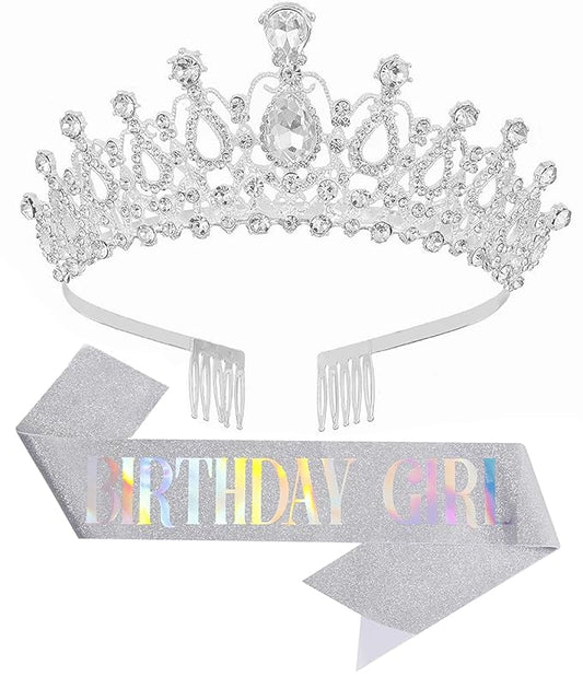 Birthday Tiara and Crown with Sash for Women, Hair Accessories for Wedding Party Costume (B - Silver)