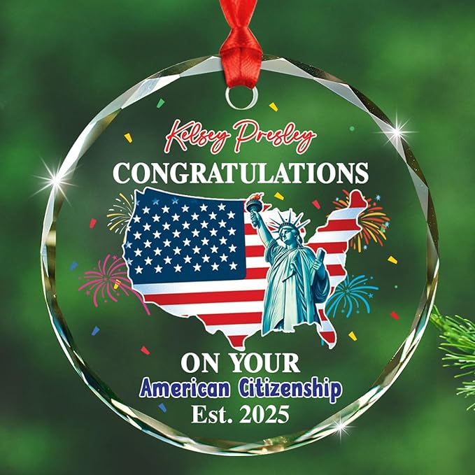 Personalized Congratulations On Your American Citizenship Glass Ornament Xmas 2025, Custom Year & Name New American Citizen Tree Decor Christmas Ornament Gift, Butterfly US Flag Christmas Ornaments
