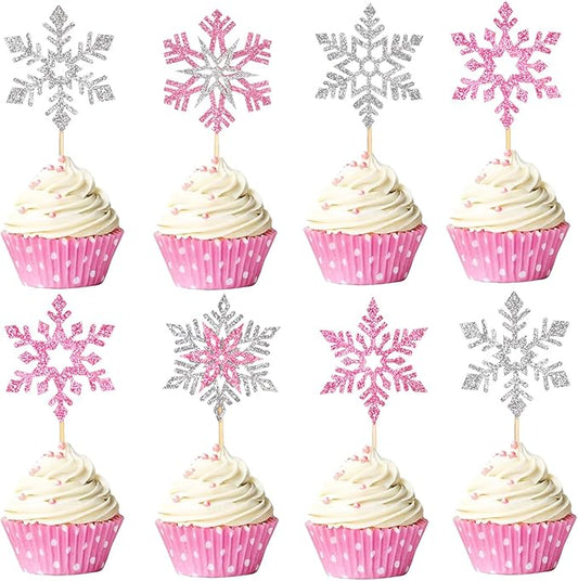24pcs Glitter Snowflake Cupcake Toppers Double Layer Pink Silver Cake Decorations Winter Frozen Theme Cupcake Picks for Winter Wonderland Baby Shower Christmas Party Favors
