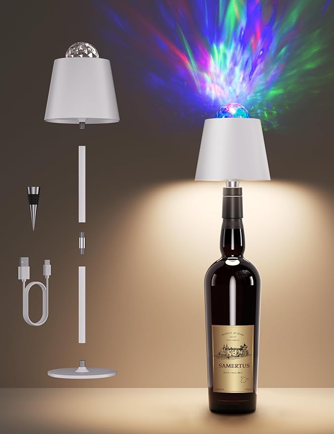 Joyzy Table Lamp with Projector Lighting, Wireless Wine Bottle Lamps Rechargeable Wine Bottle Lights Water Wave Ripple Projection Liquor Bottle Room Decoration Light Ambient for Bar Restaurants