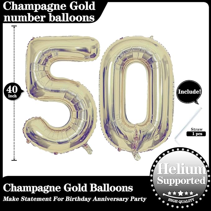 Champagne Gold 50 Number Balloons, 40 Inch Giant Number 50 Balloons Foil Mylar Helium Light Gold Number Balloons for 50th Birthday Party Supplies Anniversary Event Celebration Decorations