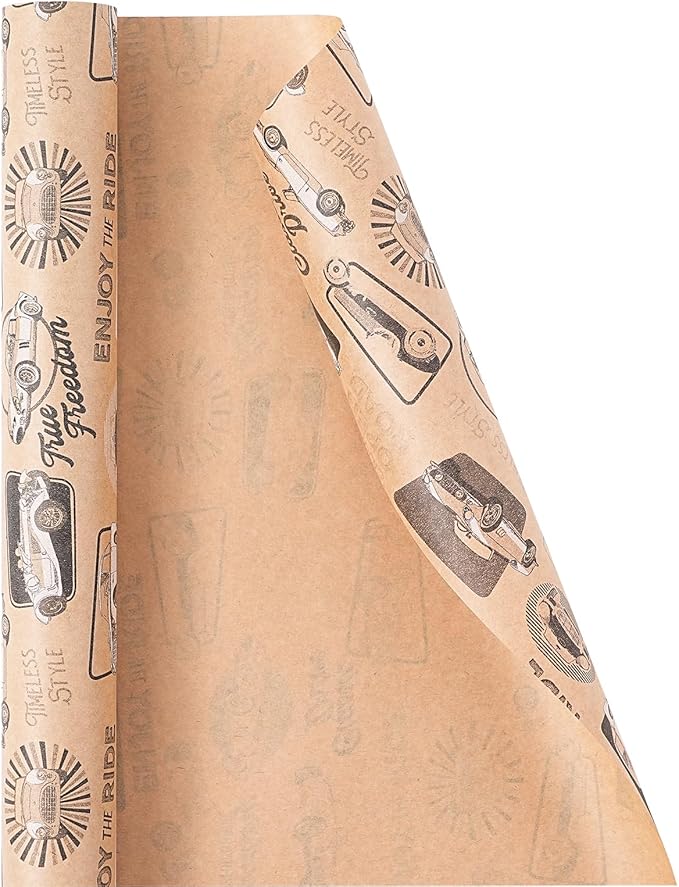 Ulmasinn Kraft Birthday Wrapping Paper Roll - 17 Inches X 33 Feet - for Boys Girls Kids Retro Classic Racing Sports Car Pattern Great for Birthday, Party, Anniversary