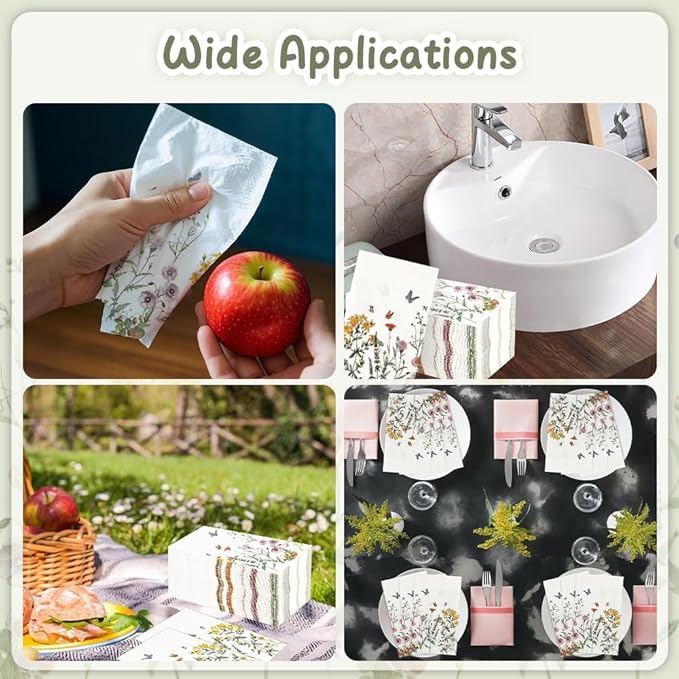 Floral Napkins 100 Pcs Watercolor Floral Paper Napkins Disposable Decorative Florals Cocktail Napkin Spring Flower Napkin Wildflower Dinner Napkin Guest Hand Towels for Wedding Baby Shower Birthday