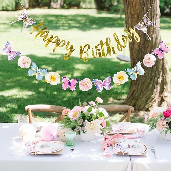 SUNBEAUTY Butterfly Happy Birthday Banner Butterfly Birthday Garden Party Decorations Fairy Party Decoration Summer Flowers Banner | Pre-Strung
