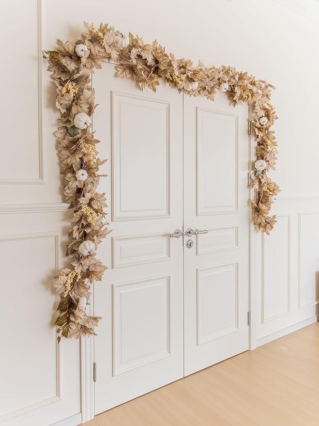 6.8ft Fall Garland Maple Leaf Autumn Thanksgiving Pumpkin Berry Garland, Christmas Halloween Mantle Fireplace Farmhouse Harvest Decorations for Home Outdoor Indoor(White)
