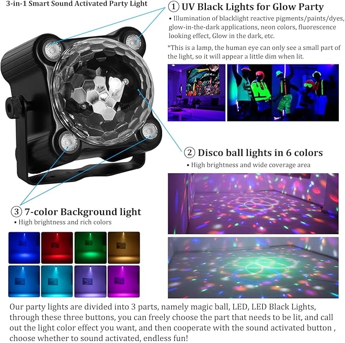 Disco Ball Party Lights Sound Activated Strobe DJ Stage Lighting for Indoor Room Outdoor Dance Floor Parties Birthday Rave Home Karaoke Halloween Christmas Wedding Show Bar Club Decorations