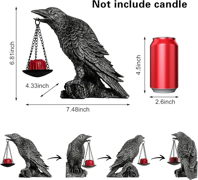Halloween Decorations Outdoor Indoor Gothic Crow Wall Decor Table Candle Holder Raven Tealight Statue for Yard Patio Garden Bedroom Half Silver