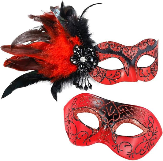 Red Masquerade Mask for Couple -Masquerade Masks Women with Feathers & Venetian Mask Men for Mascarade Party, Mardi Gras, Halloween Cosplay Prom, Christmas