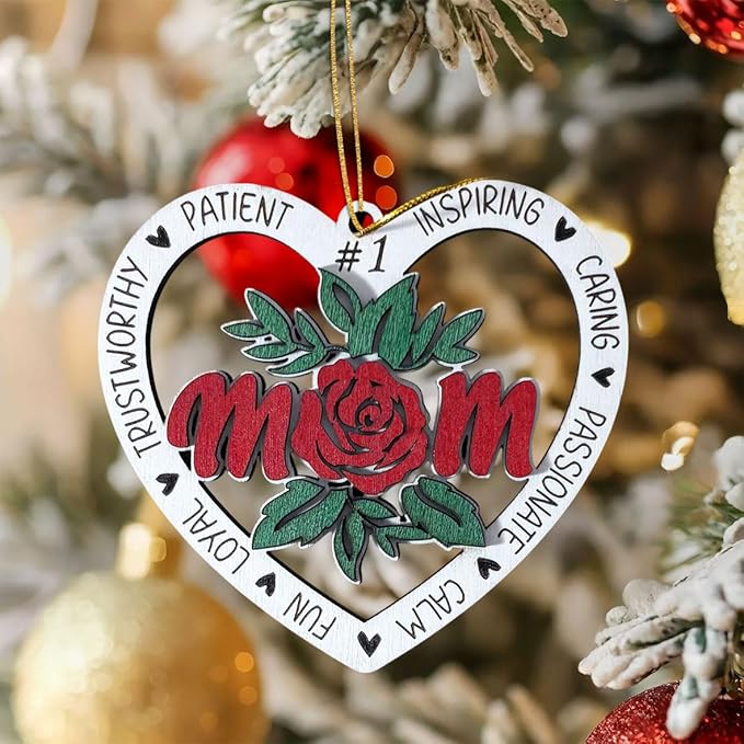 Best Mom Christmas Ornament – Heart Shaped Wooden Hanging Decoration with Rose Design, Gift for Mother, Sentimental Keepsake Ornament for Mom, Mother’s Day or Holiday Tree Decoration
