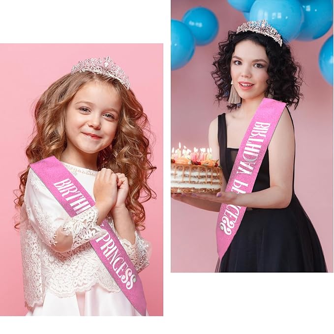 CIEHER Princess Crown and Birthday Sash Set, Pink Tiara for Women, Birthday Decorations for Girls, Gifts