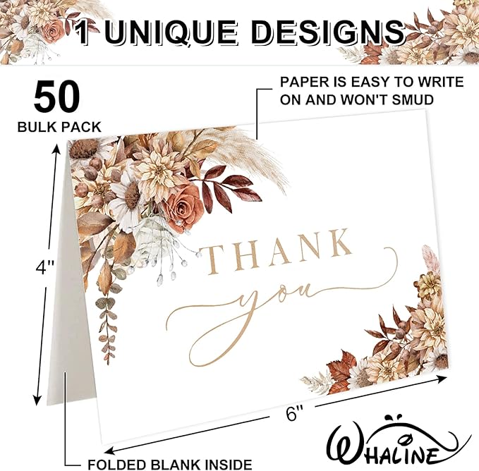 Whaline 50 Pack Boho Floral Thank You Cards Boxed Retro Flower Note Cards with Envelopes Stickers Fall Blank Card for Thanksgiving Bridal Shower Baby Shower Wedding Supplies, 4 x 6 Inch