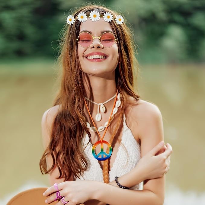 NEBURORA Hippie Costume Accessories Set 60s 70s Daisy Headband Peace Sign Necklaces Hippie Sunglasses for Carnival Party
