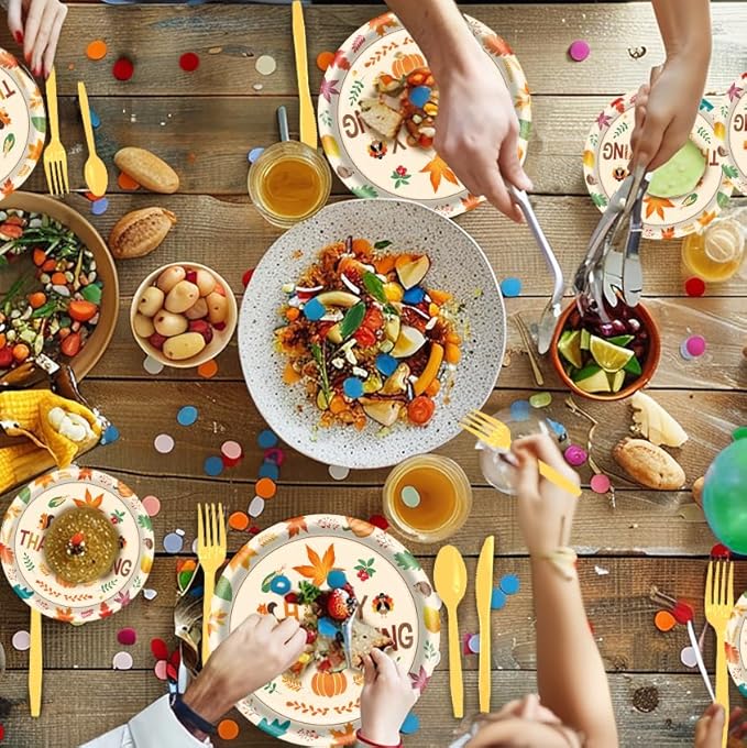 140pcs Thanksgiving Party Decorations Happy Fall Maple Leaves Plates and Napkins Tableware Set for Fall Harvest Thanksgiving Birthday Halloween Party Decorations