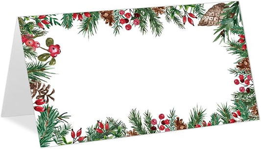 Whaline 100Pcs Christmas Place Cards 2 x 3.5 Inch Holly Berry with Pine Branch Cone Tented Cards Seating Cards for Xmas Wedding Bridal Shower Birthday Party Table Setting