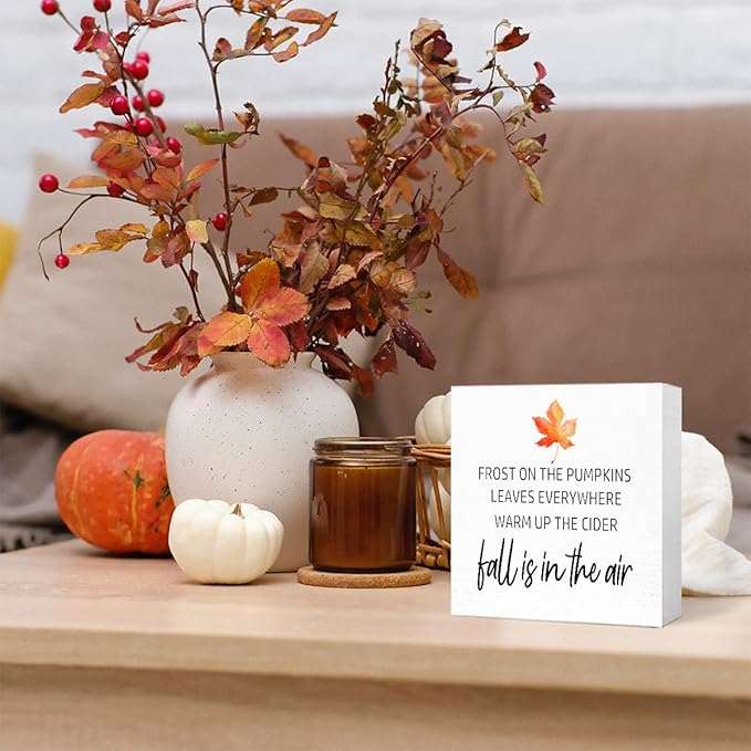 Funny Autumn Maple Leaves Wood Box Sign Fall is in the Air Wooden Block Desk Decor for Home Office Kitchen Cubicle Table Shelf Tabletop,Farmhouse Fall Sign Decor