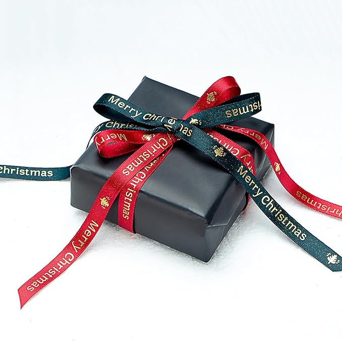 Christmas Ribbon,Red Satin Ribbon with Gold Pattern,Use for Christmas Craft,Gift Wrapping,Home Decor,3/8 Inches Total 50 Yards,Red/Green/Gold (Red, 3/8 inch*50 Yard)