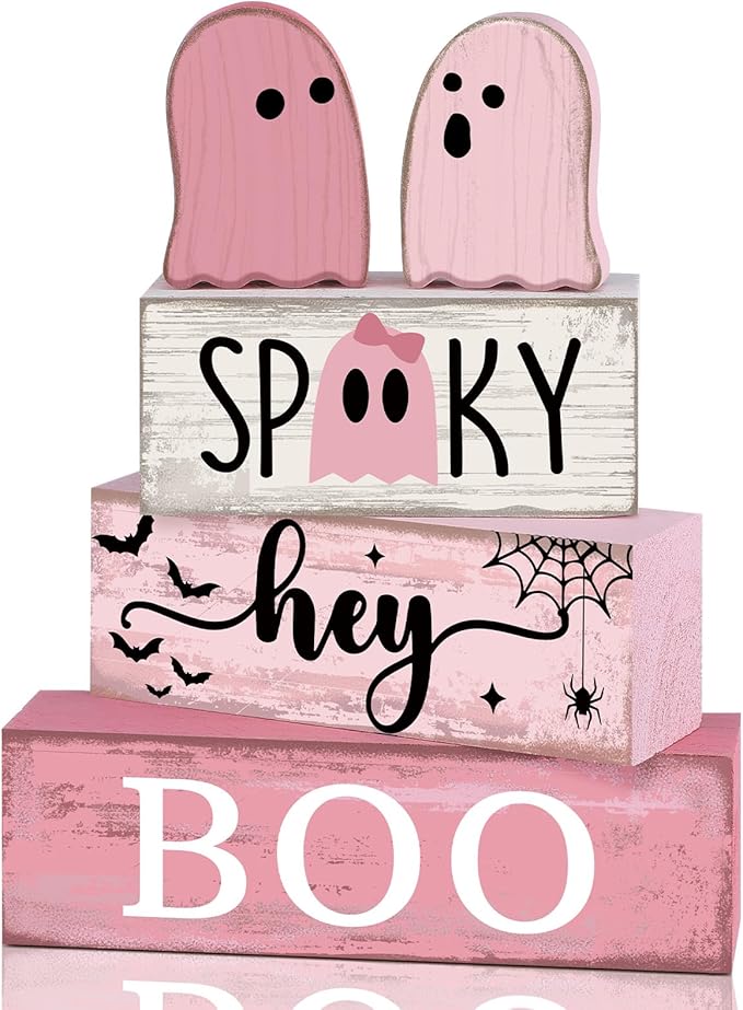 4 Pcs Pink Halloween Decor Ghost Table Decorations Halloween Tiered Tray Decor Farmhouse Ghost Tabletop Centerpiece Rustic Pink Block Sign Gift for Home Kitchen Shelf Office Mantel