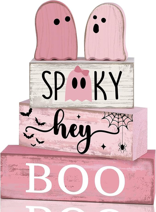 4 Pcs Pink Halloween Decor Ghost Table Decorations Halloween Tiered Tray Decor Farmhouse Ghost Tabletop Centerpiece Rustic Pink Block Sign Gift for Home Kitchen Shelf Office Mantel