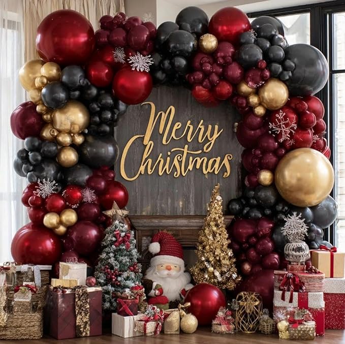 Burgundy Black Gold Balloon Garland Double Stuffed Dark Red Gold Maroon Black Balloon Arch Kit for Christmas New Year Birthday Anniversary Prom Party Decoration