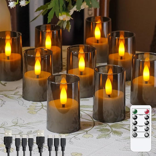Rechargeable Acrylic Flameless Votive Candles with Timer & Remote Control, 1.7" x2.5" Flickering LED Warm Glow Tealight for Home, Wedding, Holiday Decor (Set of 9, Grey)