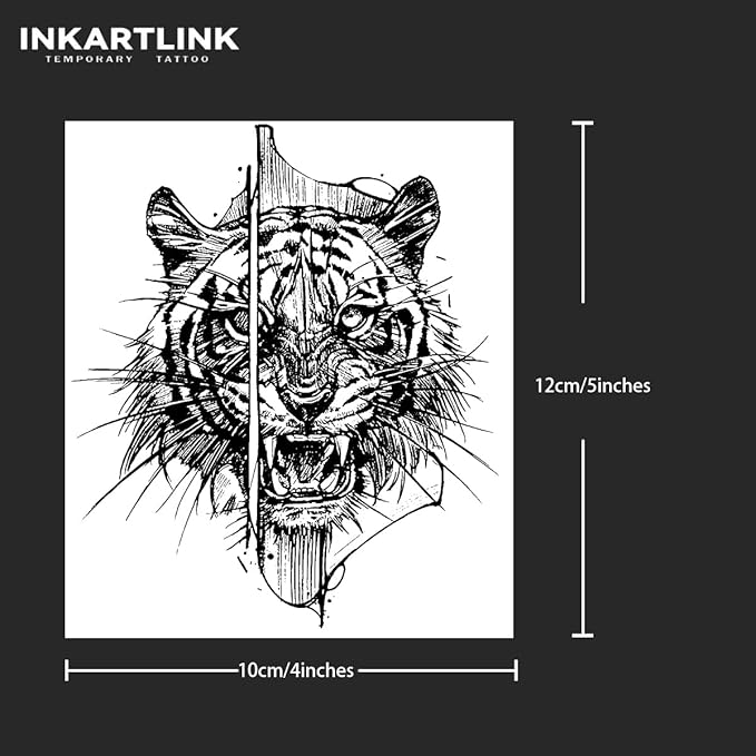 INKARTLINK Tattoo Tech, 2 Sheets Large Semi Permanent Tattoo, Adult Art Design Temporary Tattoos, Lasts 1-2 Weeks, Waterproof, Realistic Look, No Adhesive, No Reflection (Tiger Design)