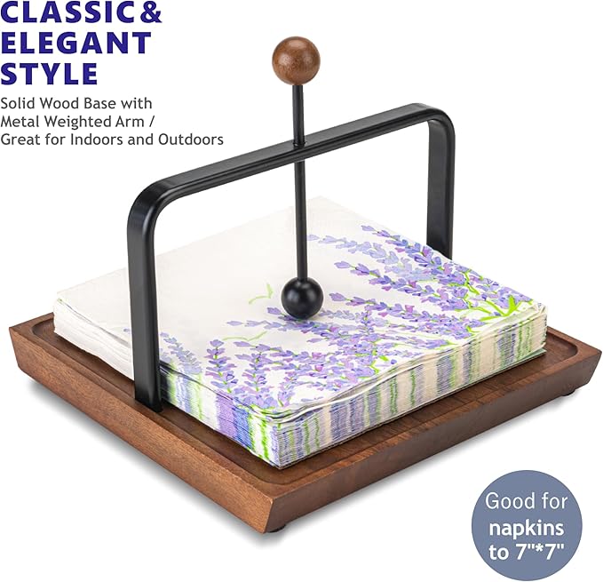 Stylish Wooden Napkin Holder with Weighted Arm – Perfect for Paper Napkins, Cocktail Napkins – Elegant Design for Kitchen, Dining Table, Café, and Bar