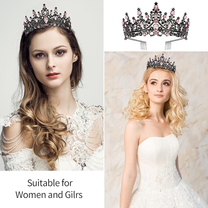 VELSCRUN Pink-Black Crystal Tiara Crown for Women Girls with Birthday Sash Elegant Princess Crown and Combs Hair Accessories Happy Birthday Party Decorations