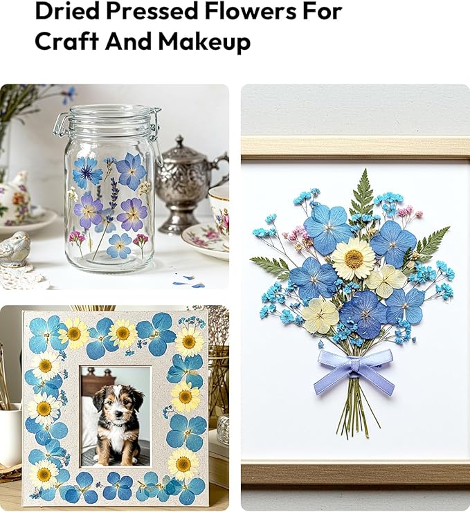 Dried Flowers, Resiners 100Pcs Pressed Flowers for Craft Blue Real Natural Dried Flowers Dry Leaves Kit for DIY Making Crafts Resin Soap Candle Scrapbook Supplies Card Making Jewelry