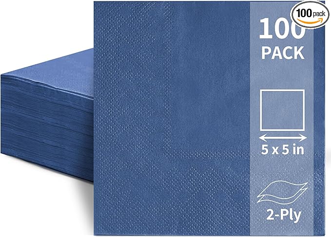 100 Pack Cocktail Napkins Disposable, 2-Ply 5" x 5" Party Napkins, Square Beverage Dinner Napkin for Wedding Birthday Party Anniversary Reception Bar Event (Navy Blue)